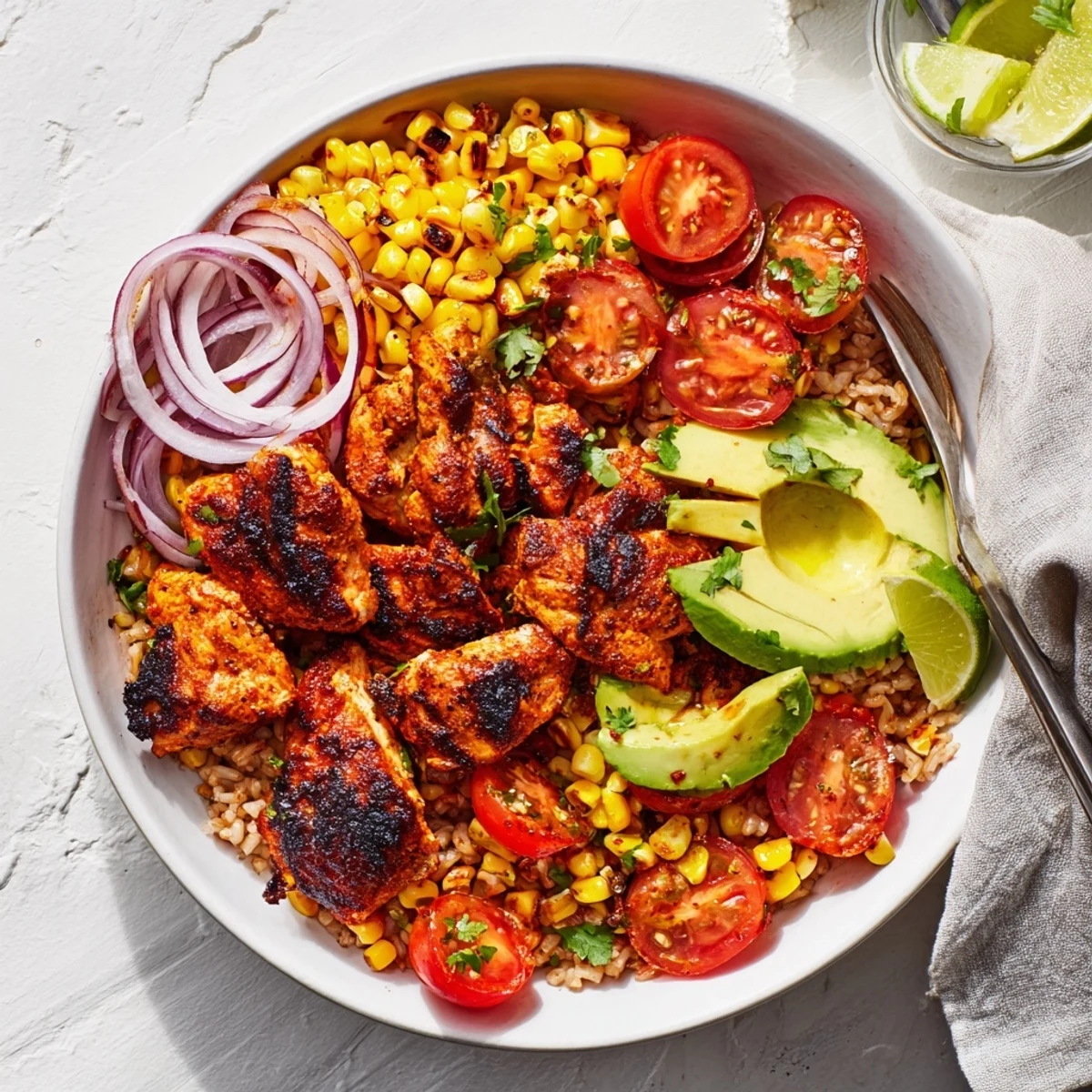 Tazón vibrante de pollo picante al pimentón y maíz dulce asado.  