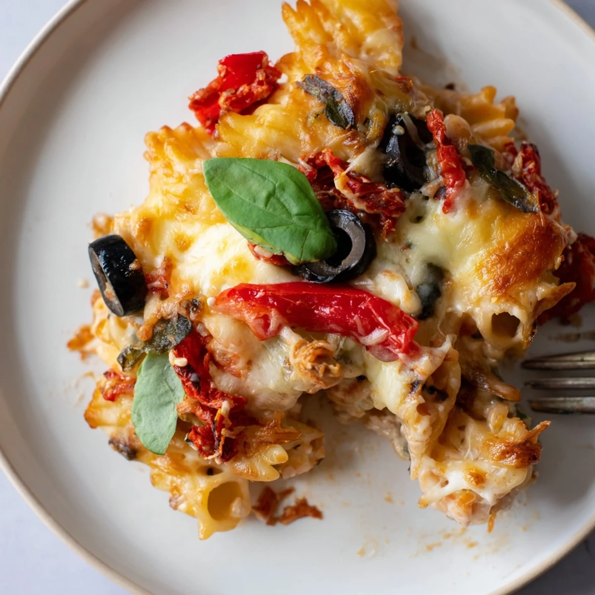 Atractivo plato de pasta al horno con aceitunas, tomates secos y queso fundido. 