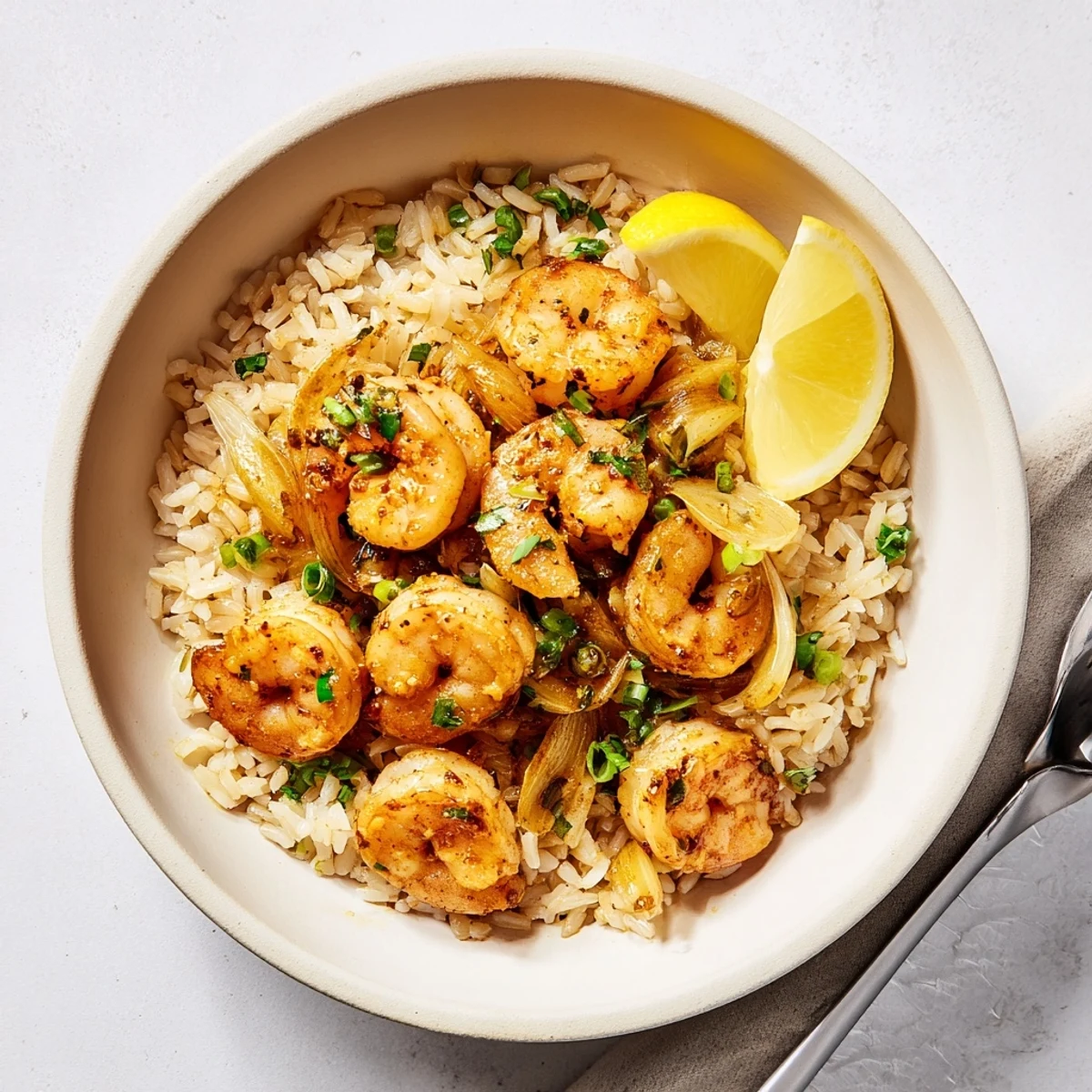 Tazón de arroz con camarones al ajo, resaltando los camarones jugosos y dorados.  