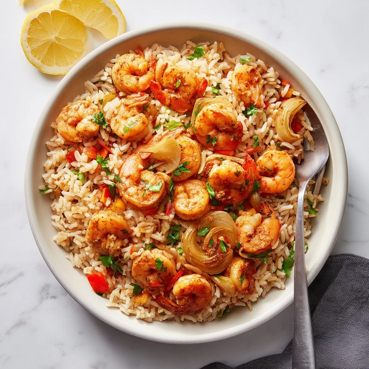 Camarones al ajo sobre arroz esponjoso, adornados con limón y perejil fresco.