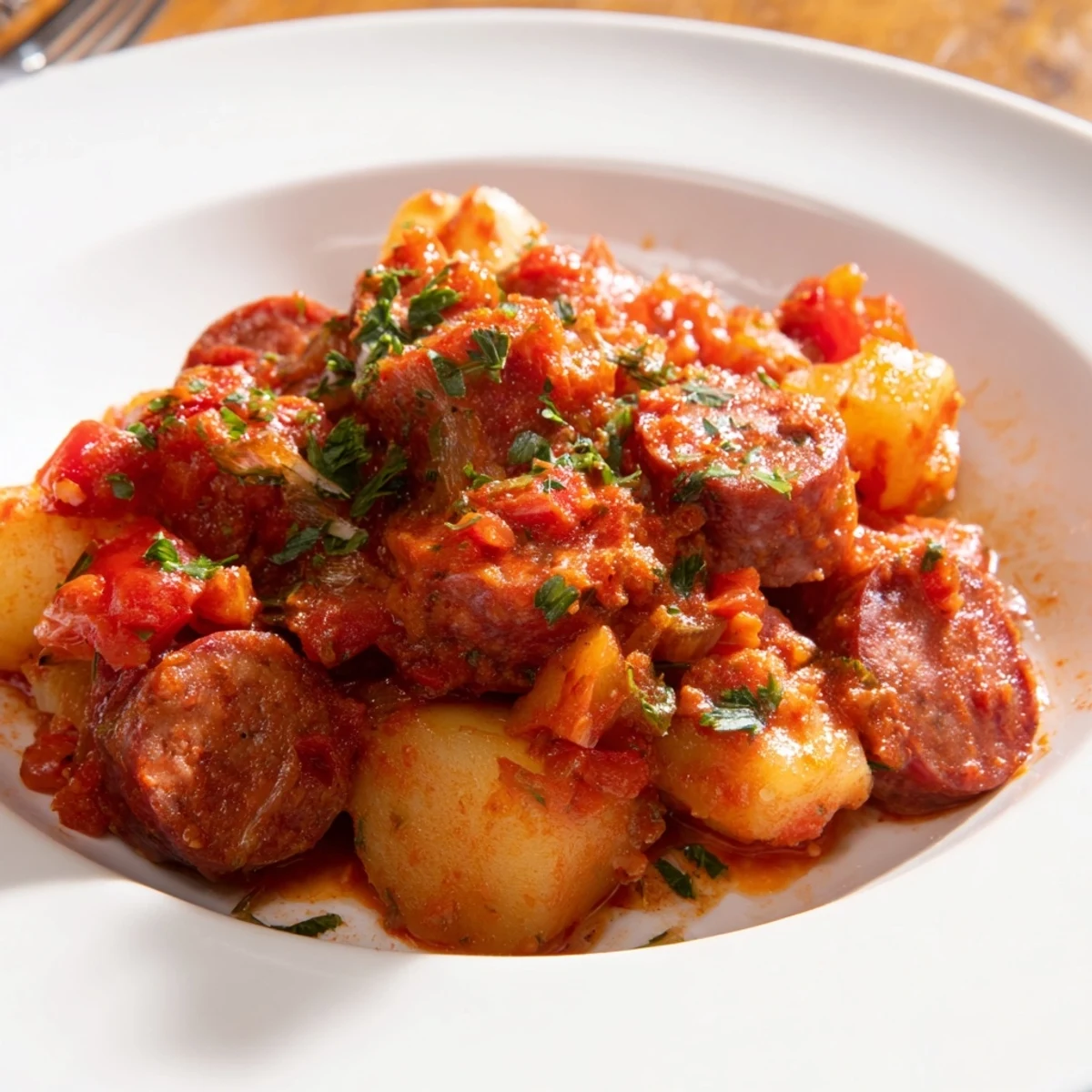 Casserole de chorizo ahumado y papas, gratinado y servido con perejil fresco.