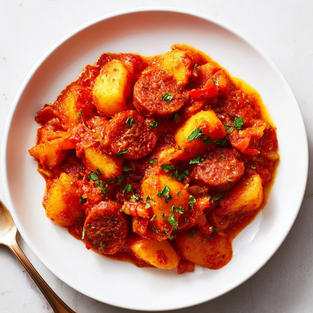 Reconfortante casserole de chorizo ahumado y papas en salsa de tomate. 