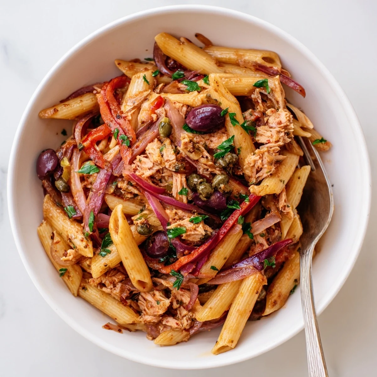 Tazón de pasta con atún y pimientos rojos asados, repleto de colores y sabores.