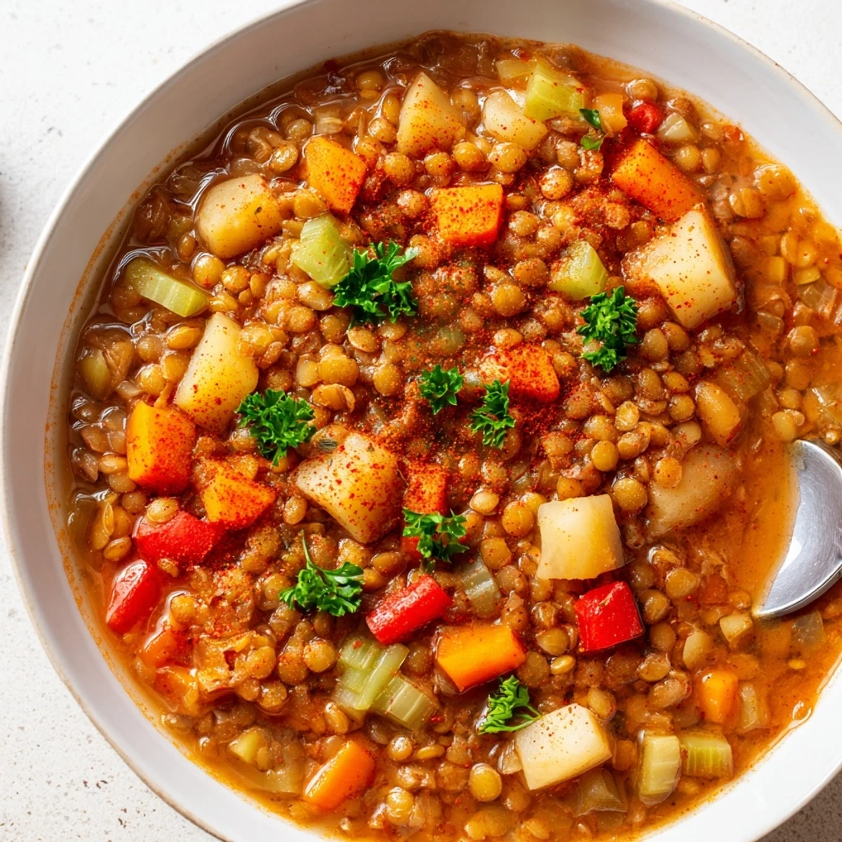 Un tazón humeante de guiso de lentejas español, lleno de vegetales y especias.