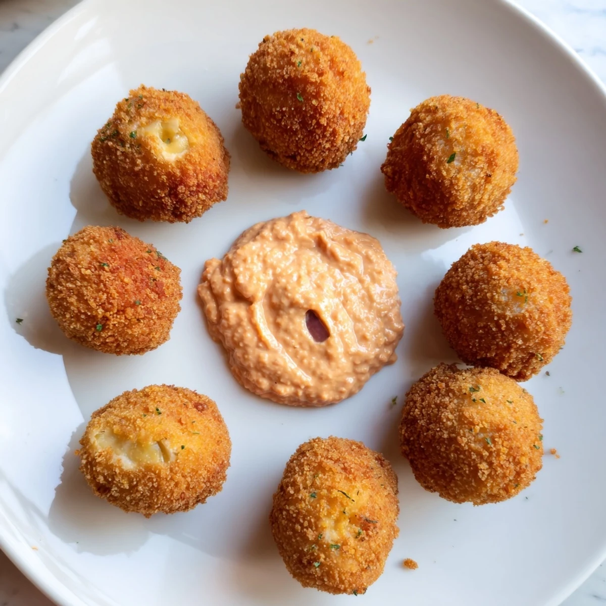 Deliciosas croquetas de jamón, servidas calientes con un dip cremoso y picante.  