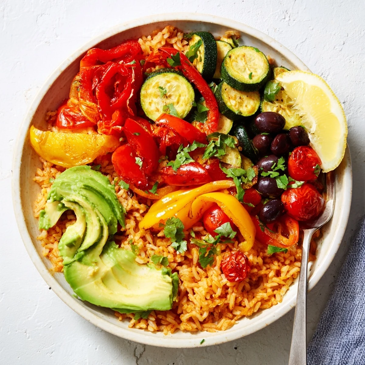 Deliciosos tazones de arroz español con ingredientes frescos y un toque de limón.