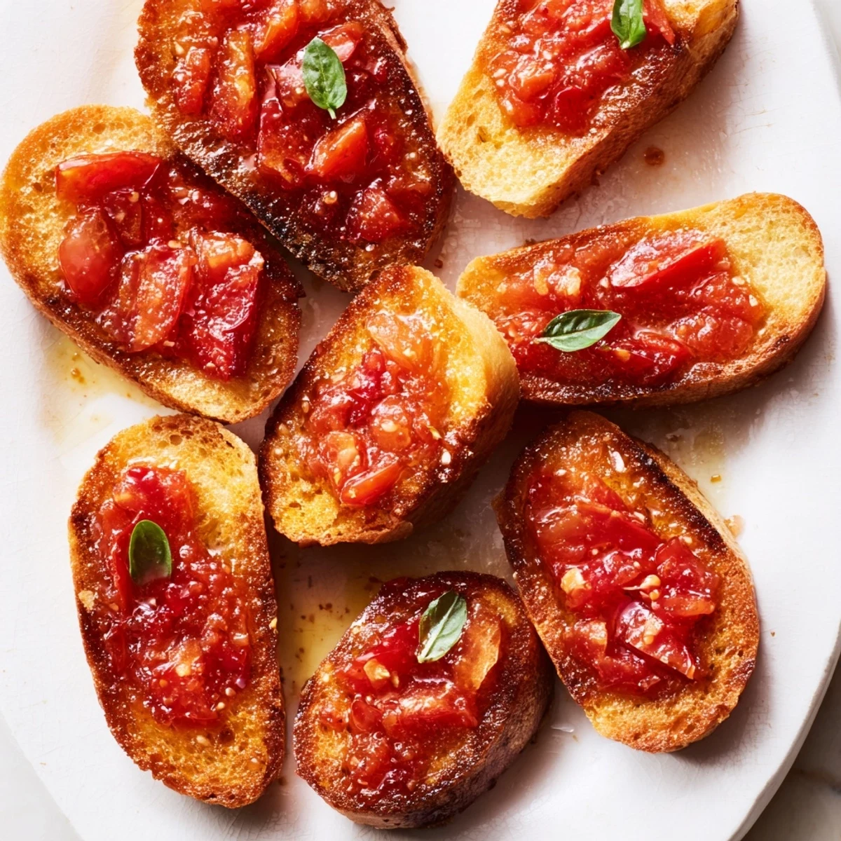 Rebanadas de pan doradas, untadas con mermelada de tomate y albahaca fresca.