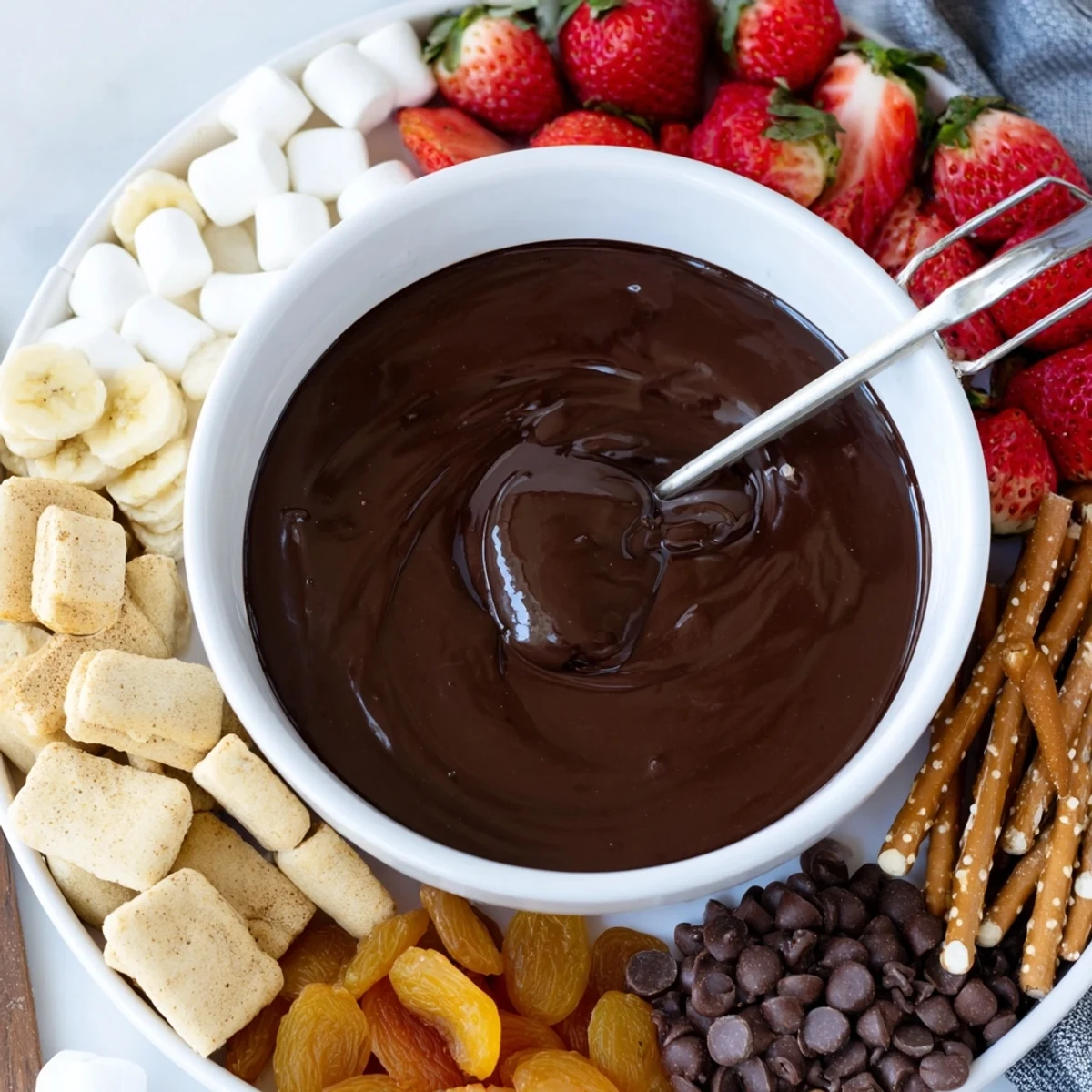 Dip de chocolate caliente con fresas y malvaviscos para disfrutar.  