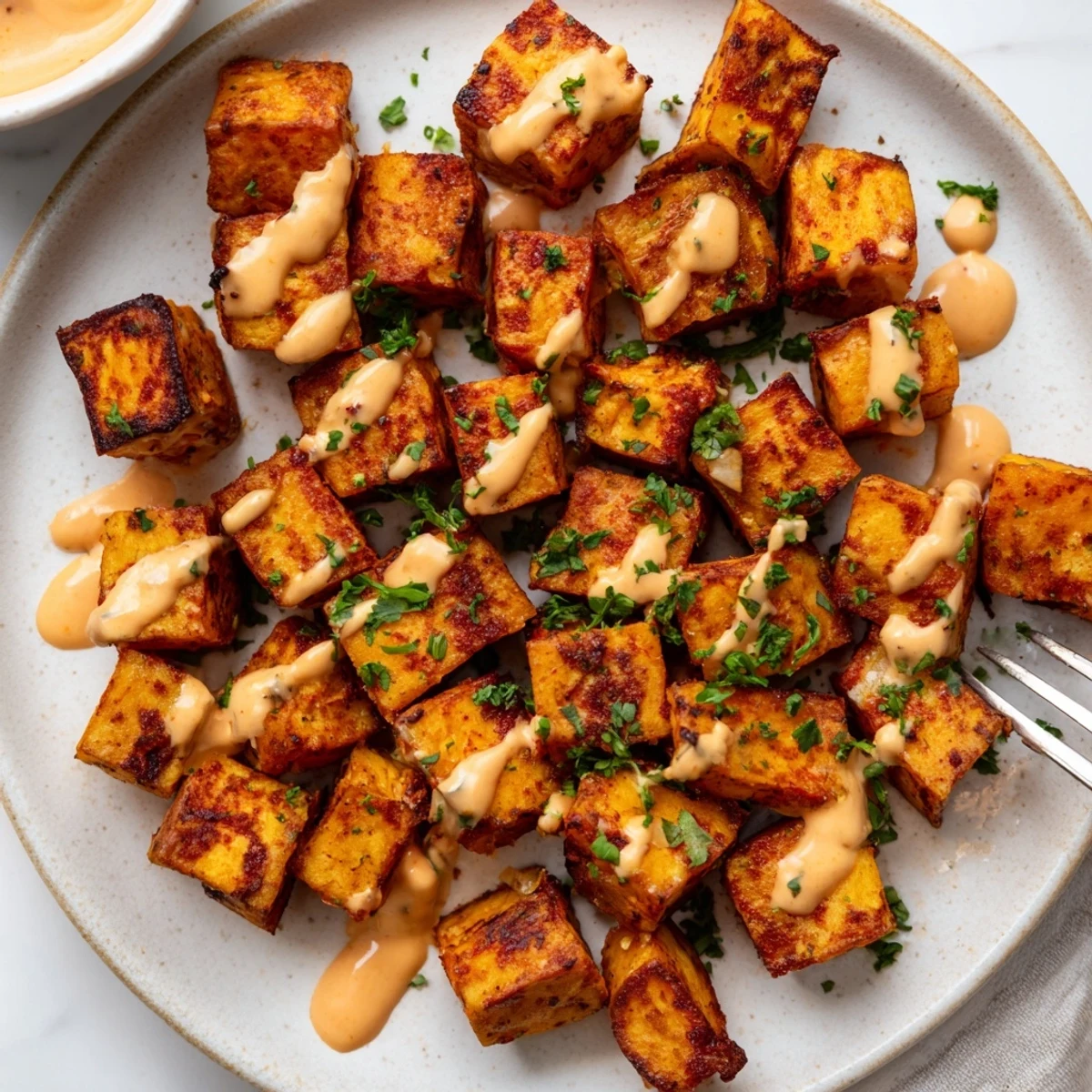 Cubos de batata crujiente en la receta de Patatas Bravas con salsa picante.  