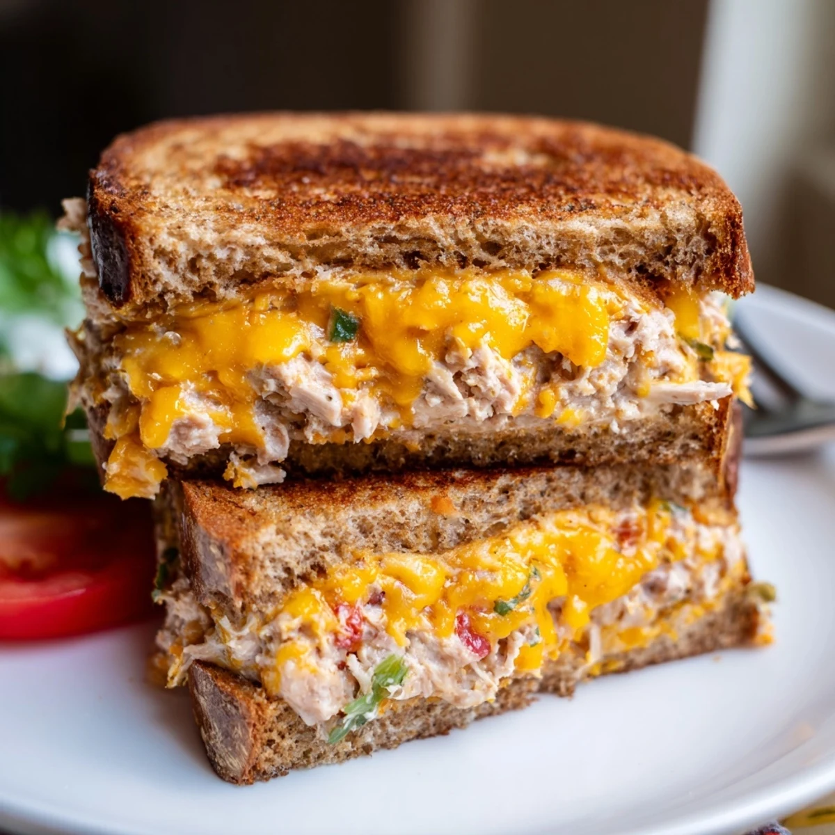 Una vuelta audaz al clásico tuna melt con atún marinado picante.  