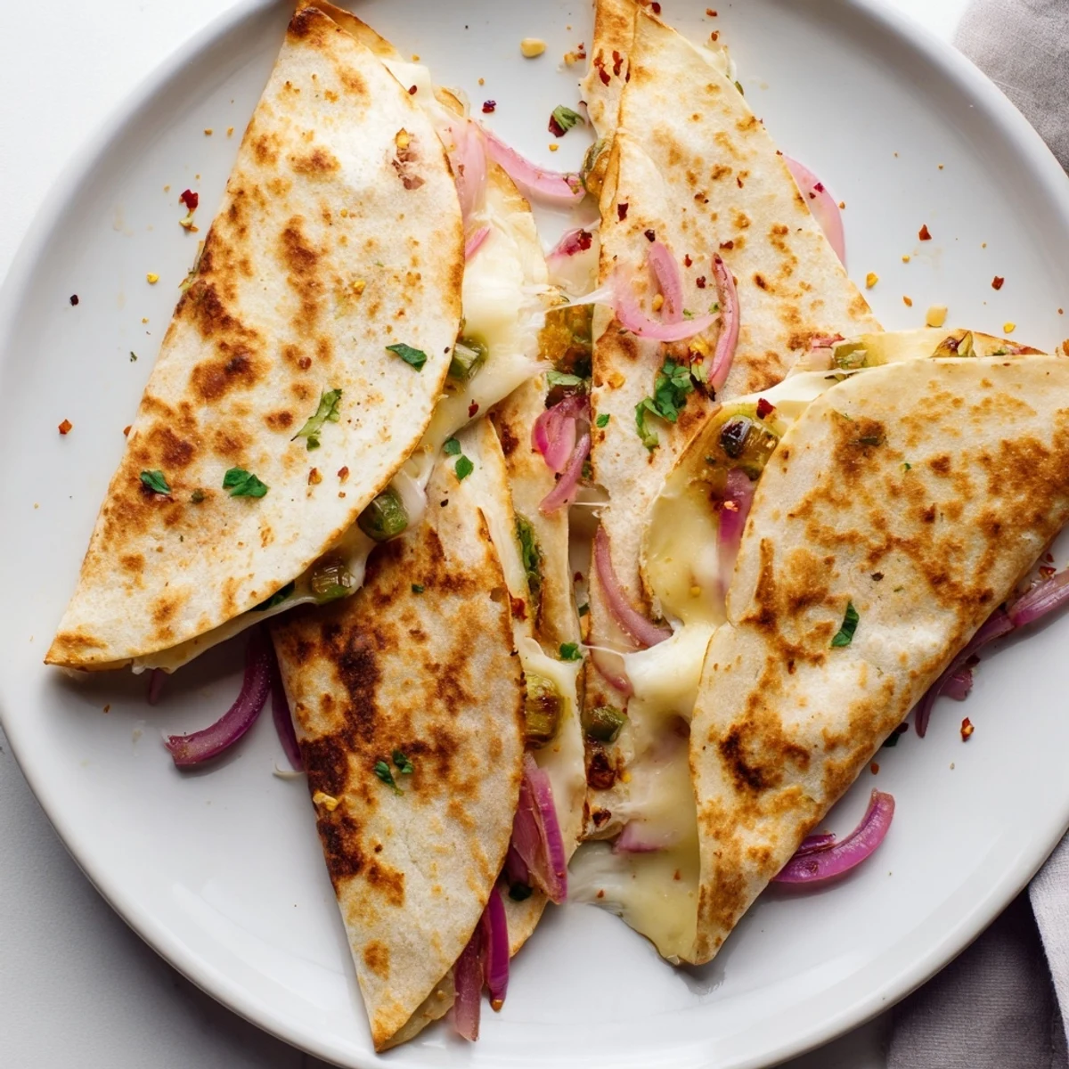 Quesadillas de manchego derritiéndose, rellenas de verduras frescas y especias vibrantes.  