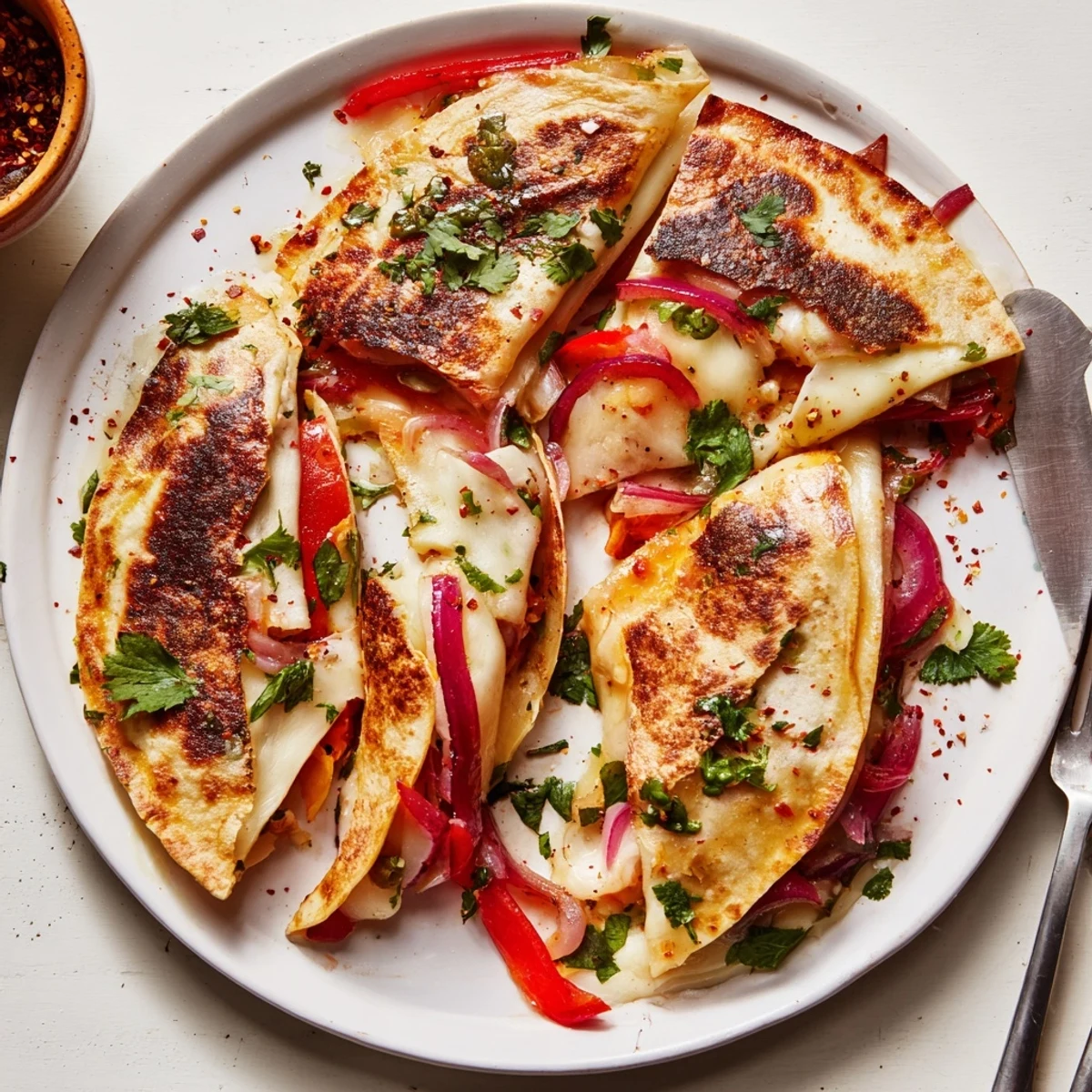 Deliciosas quesadillas de manchego servidas con guacamole y salsa picante al lado.  