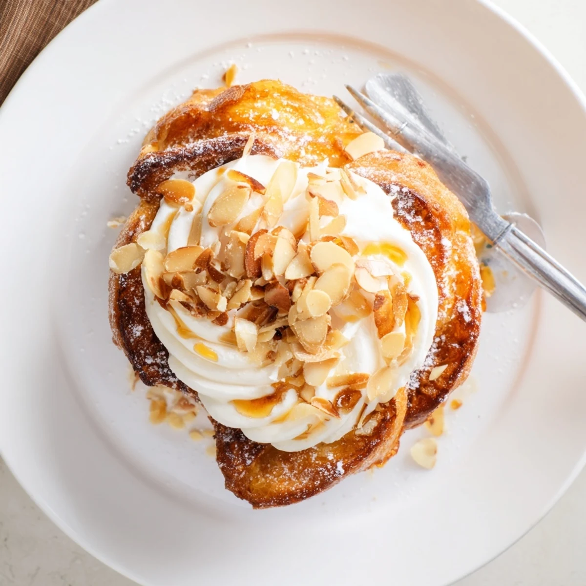 Tostada de churro de crema de almendra, dorada y cubierta de almendras tostadas.