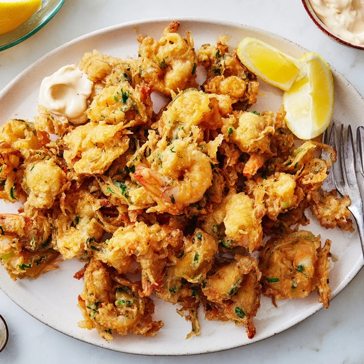 Deliciosas frituras de camarones bebés doradas y crujientes, ideales para un aperitivo.  
