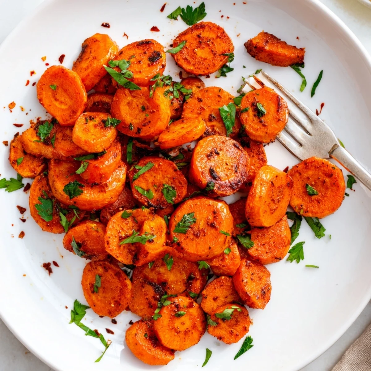 Zanahorias asadas al ajo y limón, cubiertas con perejil fresco y especias.  