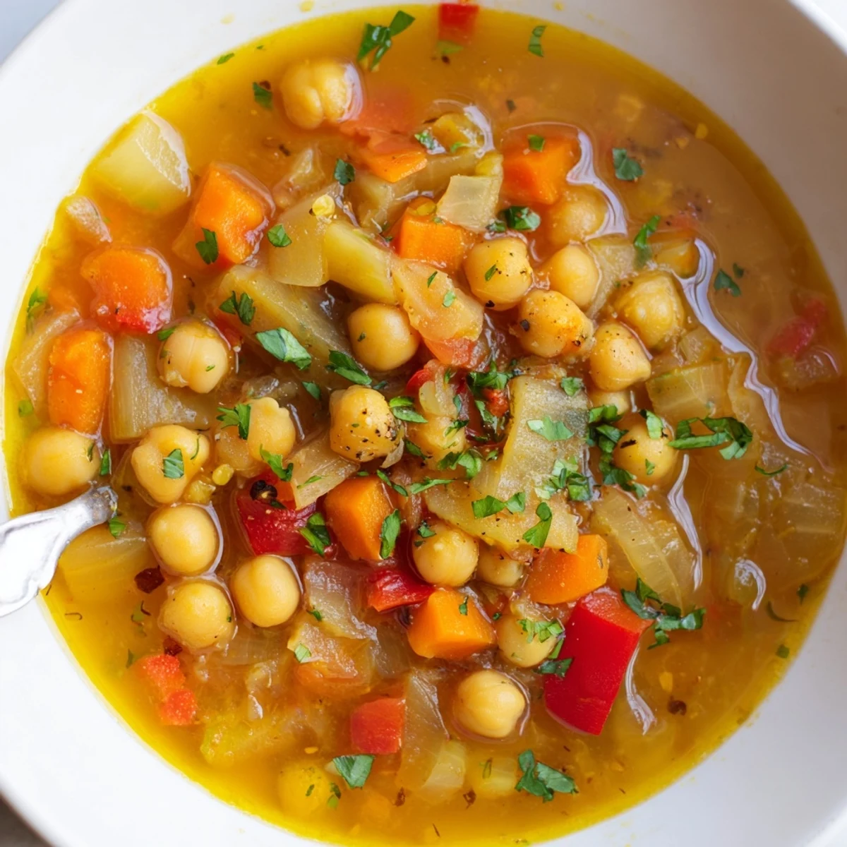 Estofado de garbanzos con azafrán, servido caliente con perejil fresco picado.  