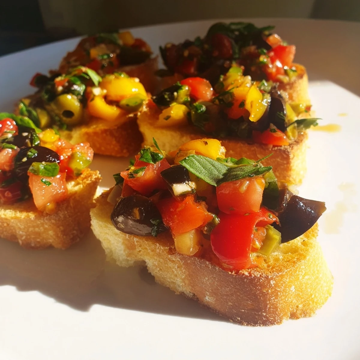 Bruschetta española de tomate y aceitunas, coloridos ingredientes frescos sobre pan tostado crujiente.  