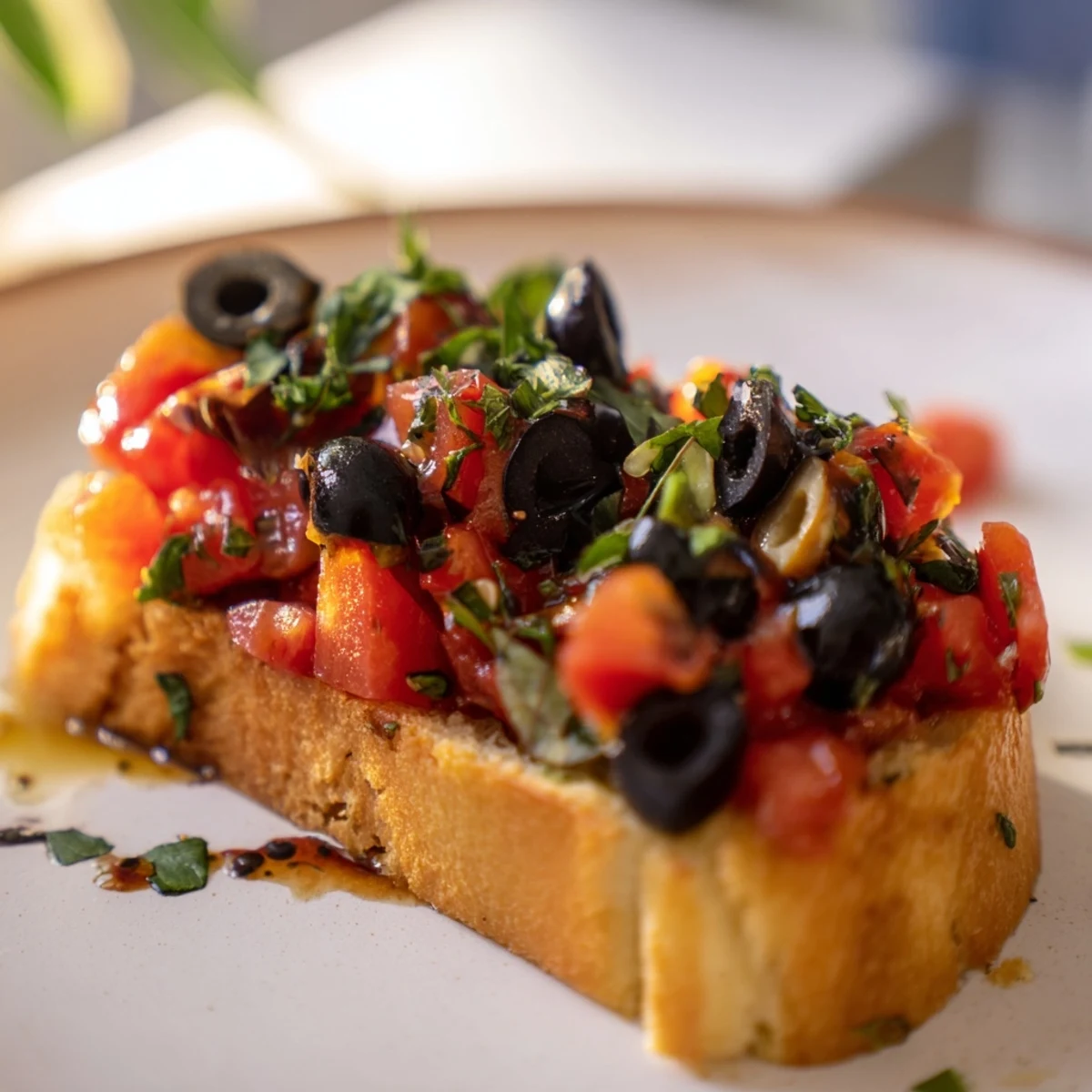 Deliciosa bruschetta con tomates jugosos, aceitunas y hierbas en pan dorado.  