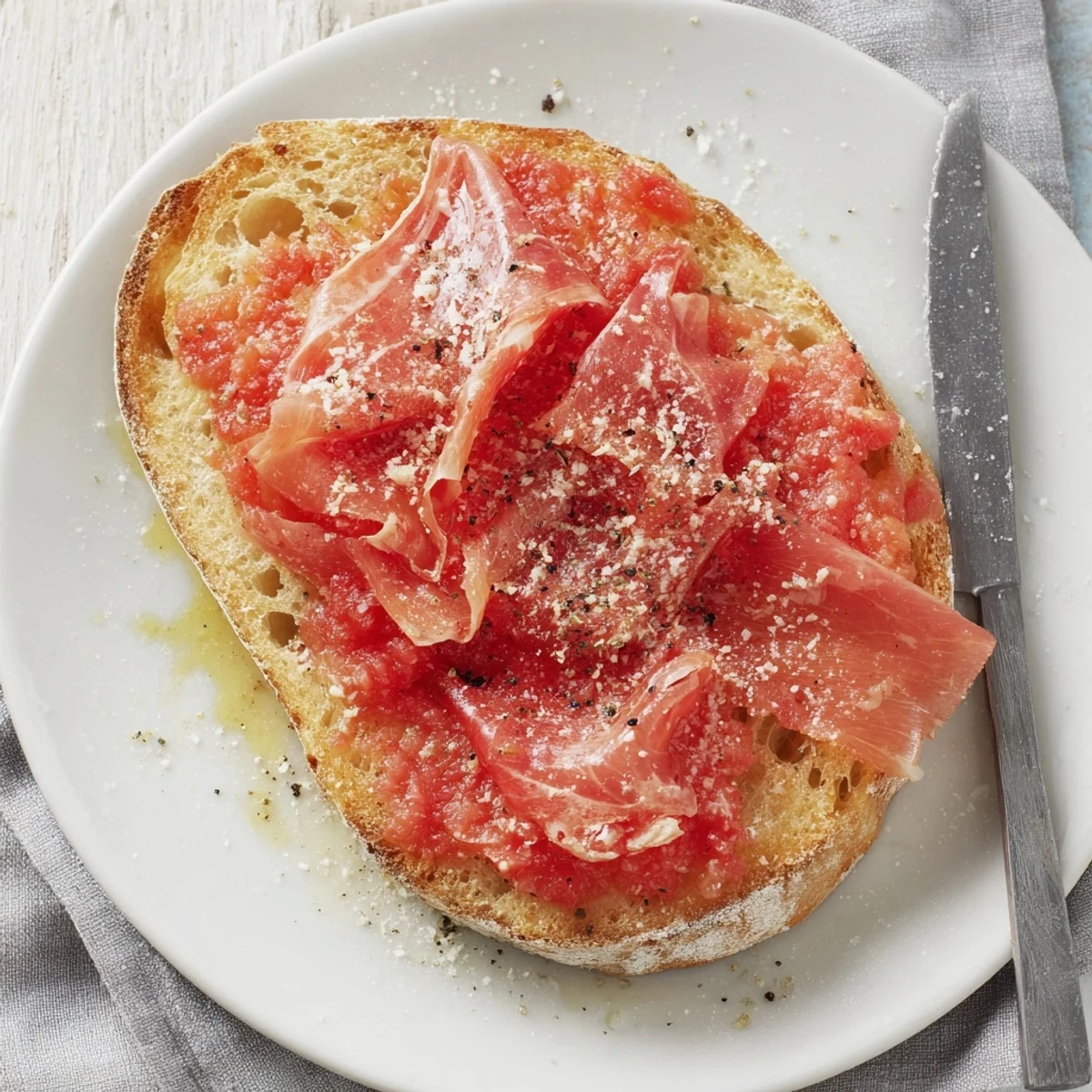 Tostadas de Pan con Tomate y Serrano, aderezadas con aceite de oliva y sal.