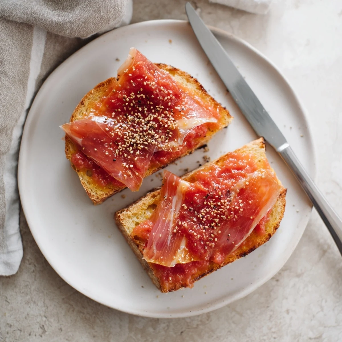 Deliciosas tostadas de Pan con Tomate y Serrano, perfectas para un aperitivo español.