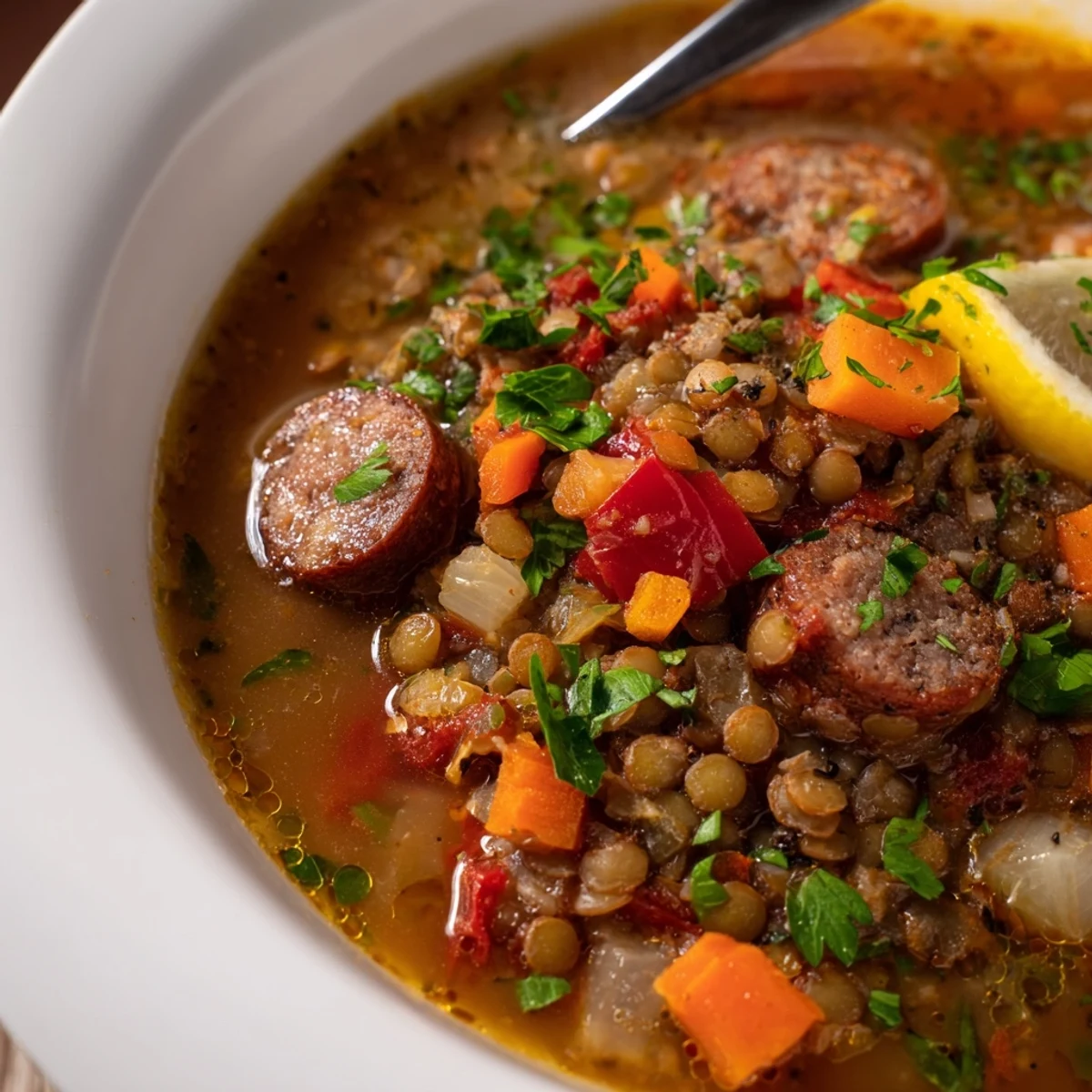 Sopa española de lentejas picante, caliente y humeante, ideal para una cena reconfortante.  