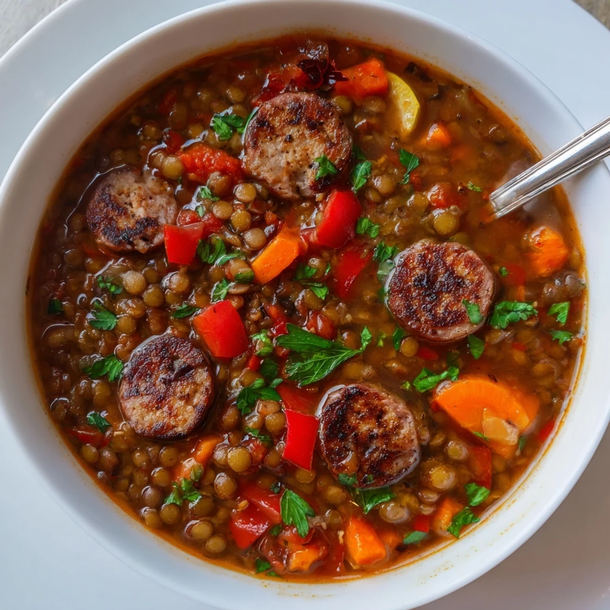 Deliciosa sopa de lentejas picante, acompañada de chorizo y verduras frescas.  