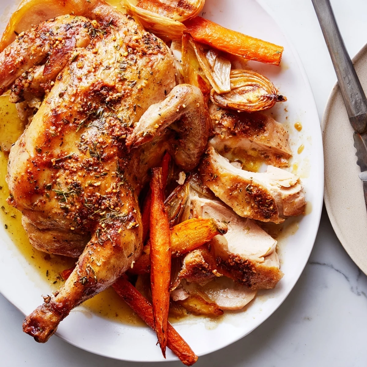 Pollo asado con hierbas españolas, dorado y aromático, ideal para cenas familiares.  