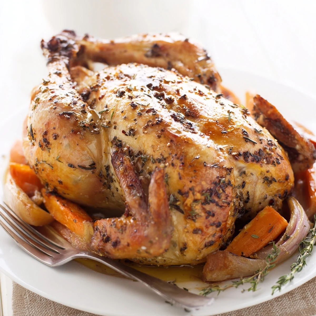 Suave pollo asado con especias españolas, acompañado de verduras asadas coloridas.