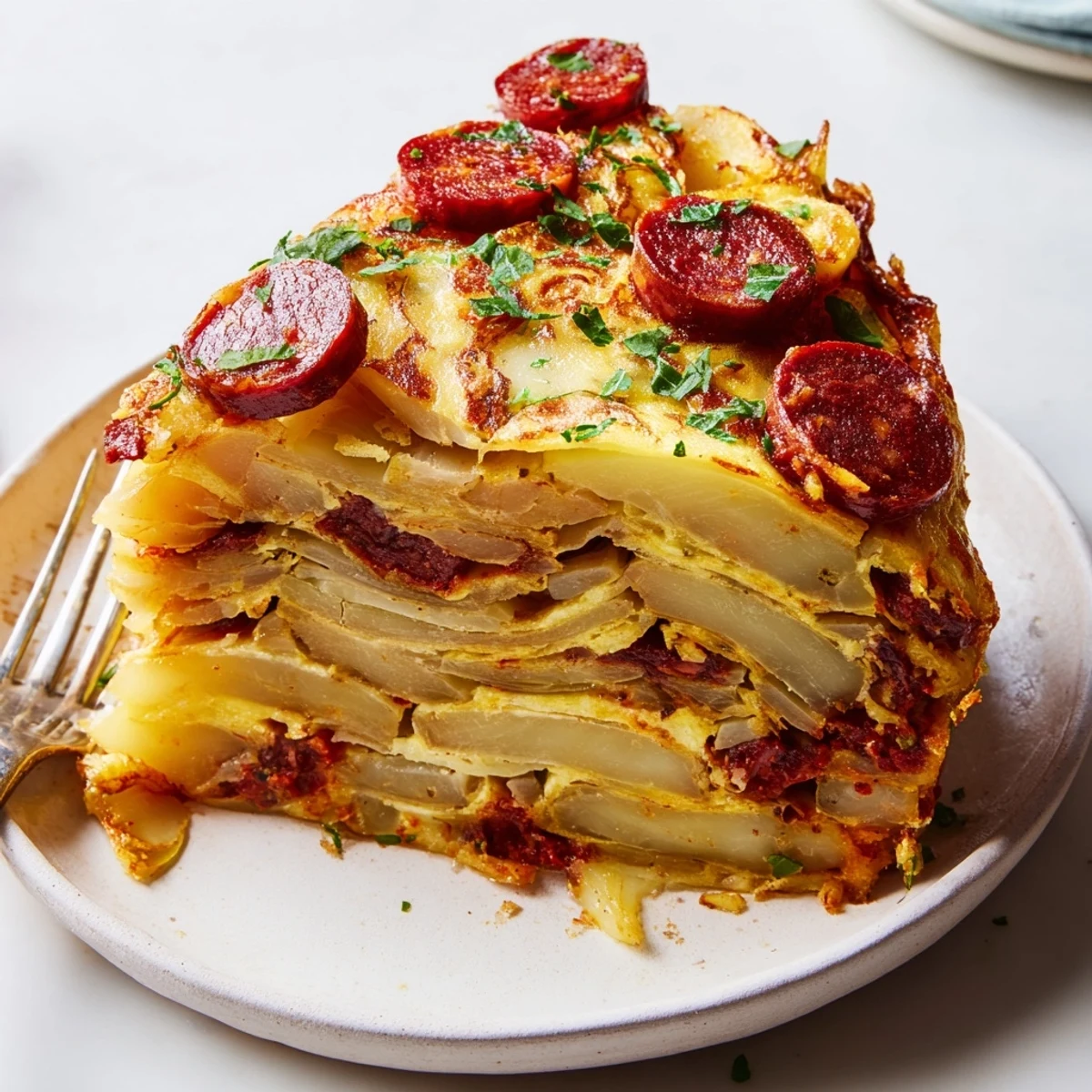 Omelette de patatas y chorizo español, dorado y esponjoso, ideal para el brunch.  