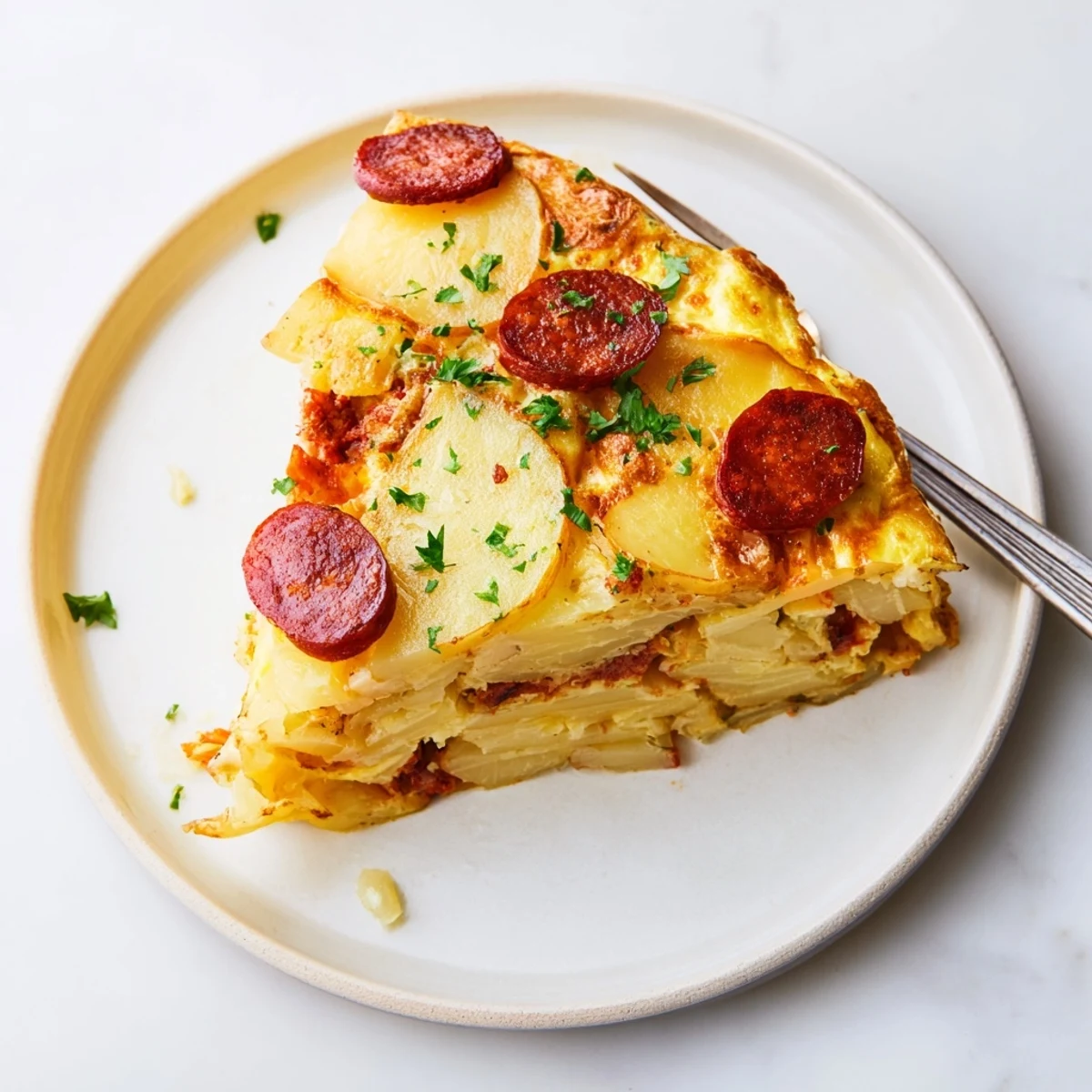 Tortilla española de patatas y chorizo, crujiente por fuera y suave por dentro.