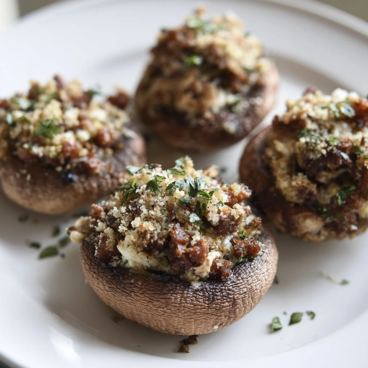 Champiñones rellenos de chorizo, decorados con perejil fresco y pan crujiente.