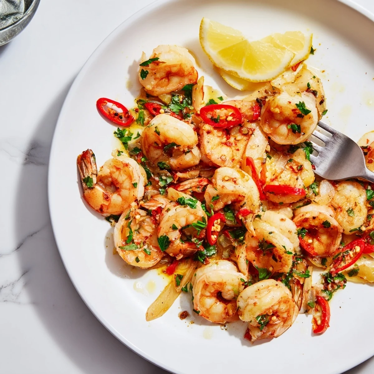 Camarones al ajo y chile dorados, servidos calientes con limón fresco y pan crujiente.  