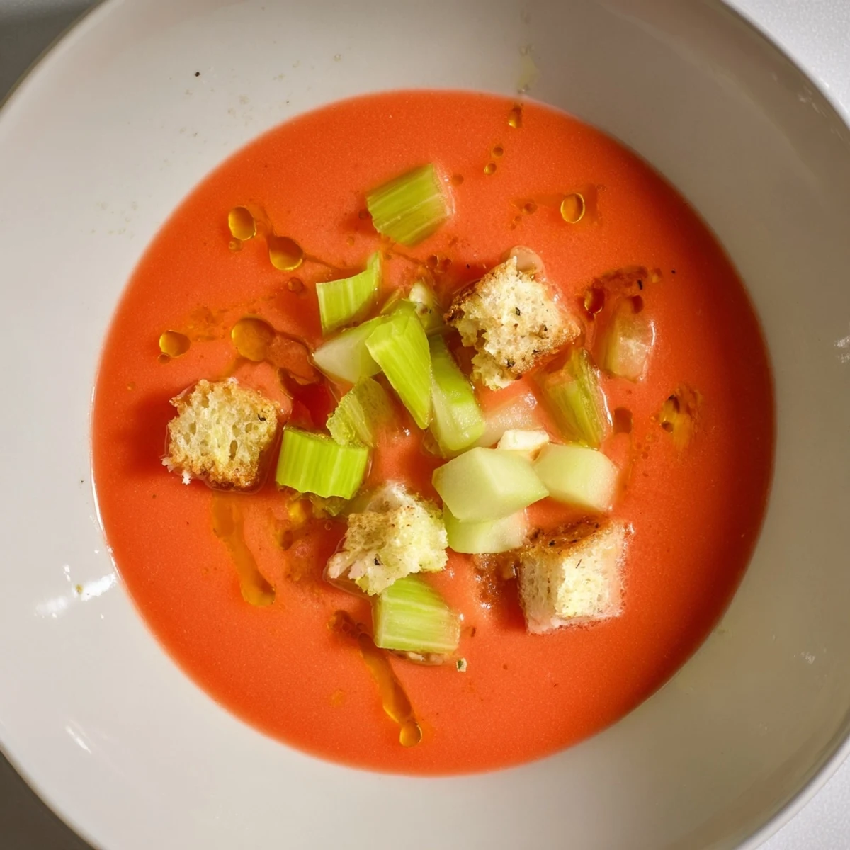 Gazpacho español refrescante servido en un cuenco, ideal para un día caluroso.