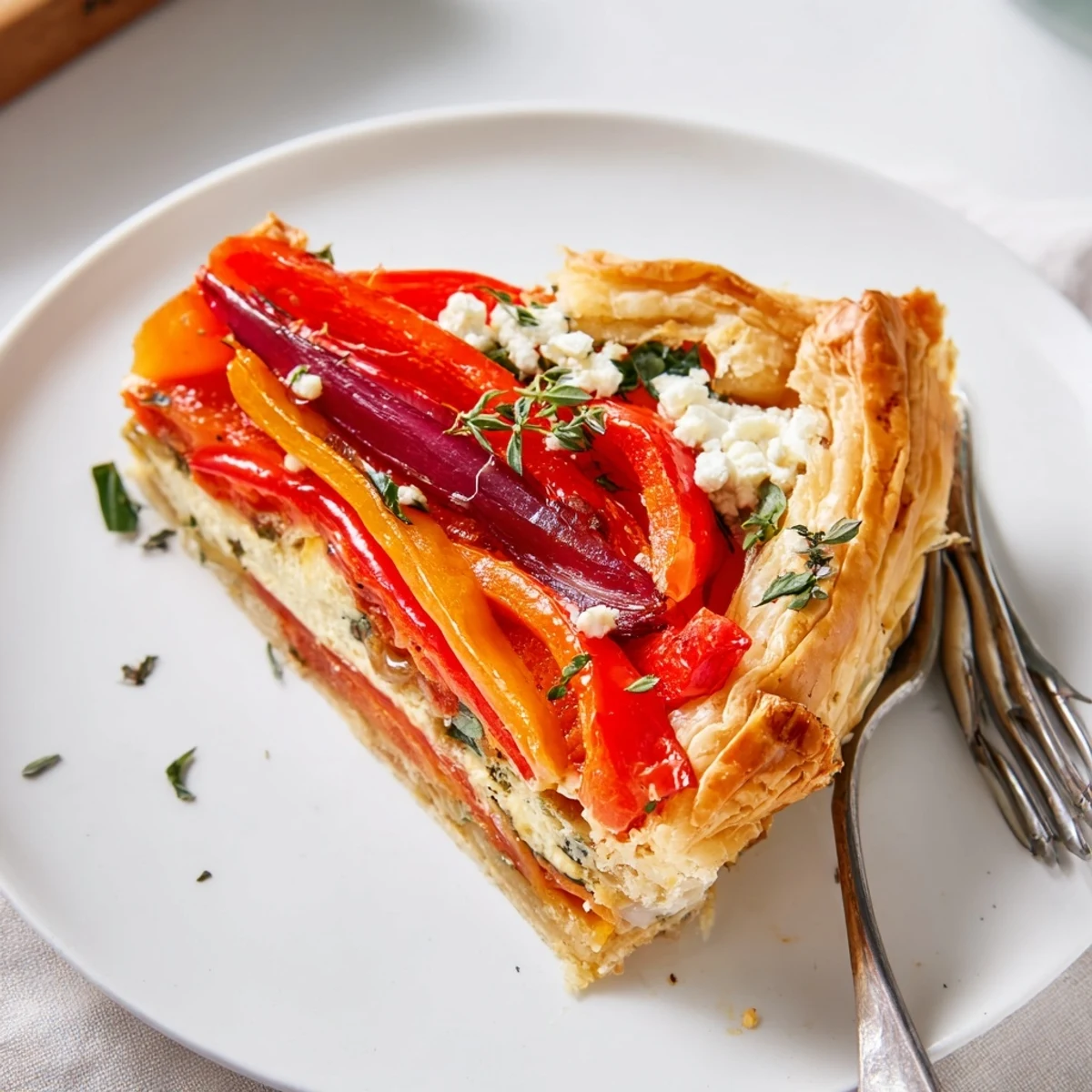 Foto de una deliciosa tarta de queso de cabra y pimientos asados, dorada y apetitosa.  