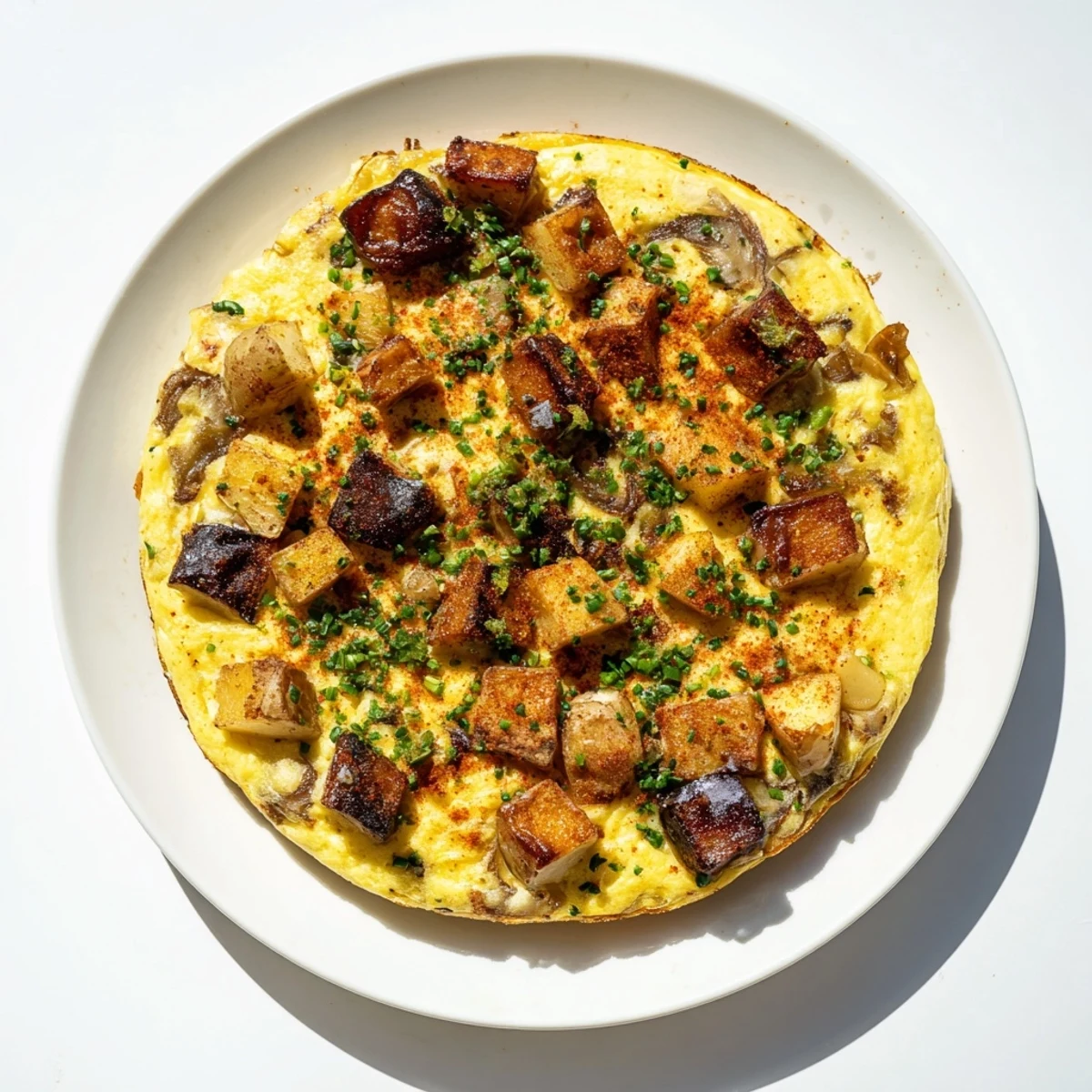 Golden brown Tortilla Española Caótica with crispy potatoes, ready to be sliced and served warm.