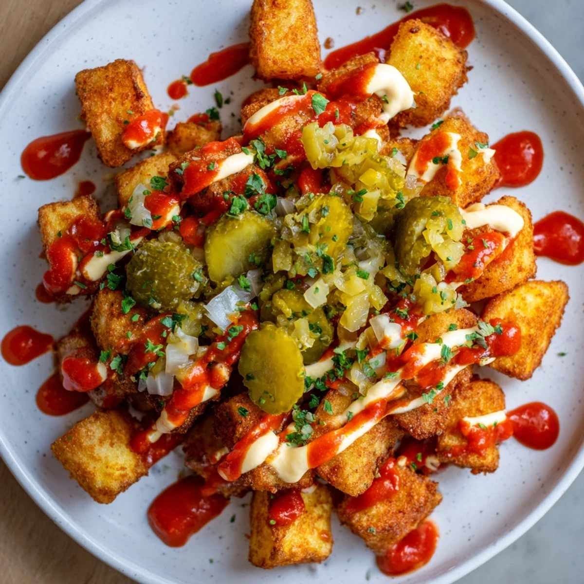 Chaotic Patatas Bravas with pickles, crispy potatoes, and a spicy bravas sauce, a vibrant tapas dish.