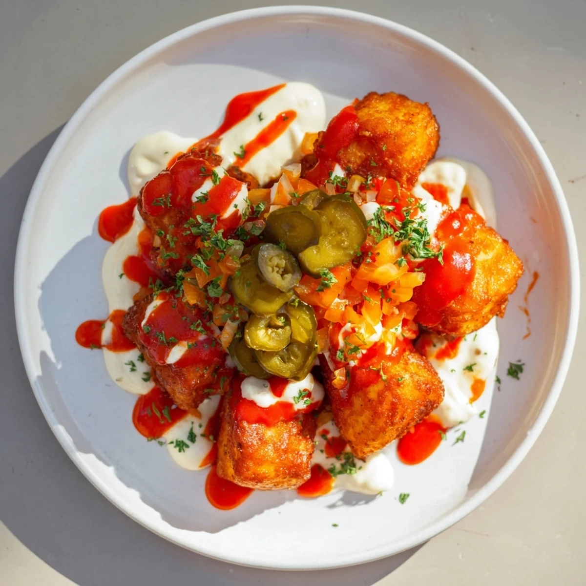 Golden and crispy Chaotic Patatas Bravas, Spanish fried potatoes, topped generously with pickles and aioli.