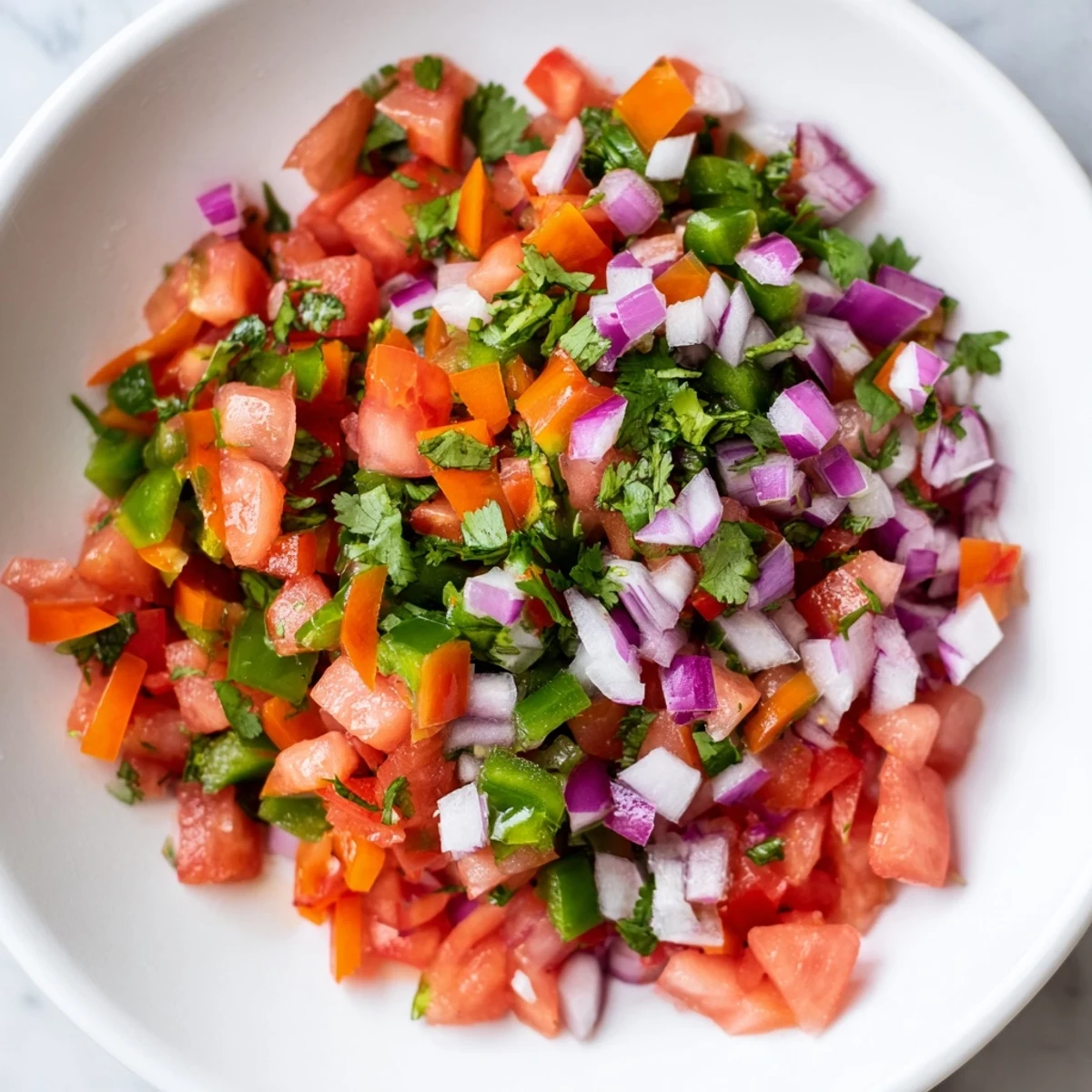 Freshly made Pico de Gallo, a colorful Mexican salsa, served with a garnish of cilantro.