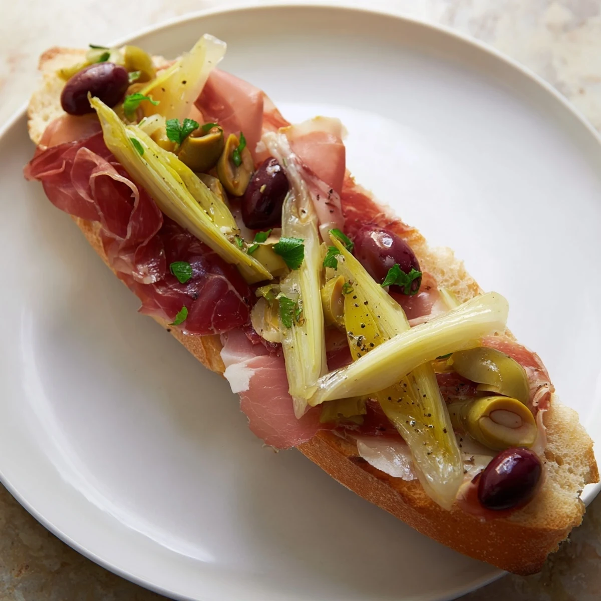 Salty Jamón Ibérico on toasted bread, topped with vibrant marinated pickles for perfect Rafaelillos.