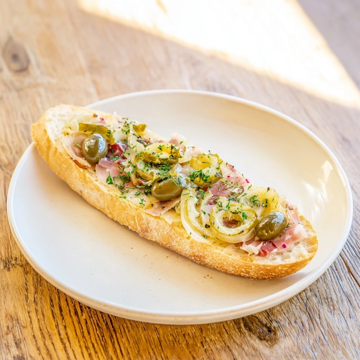 A close-up of beautifully plated Rafaelillos of Jamón Ibérico, showcasing the tender ham and tangy pickles.