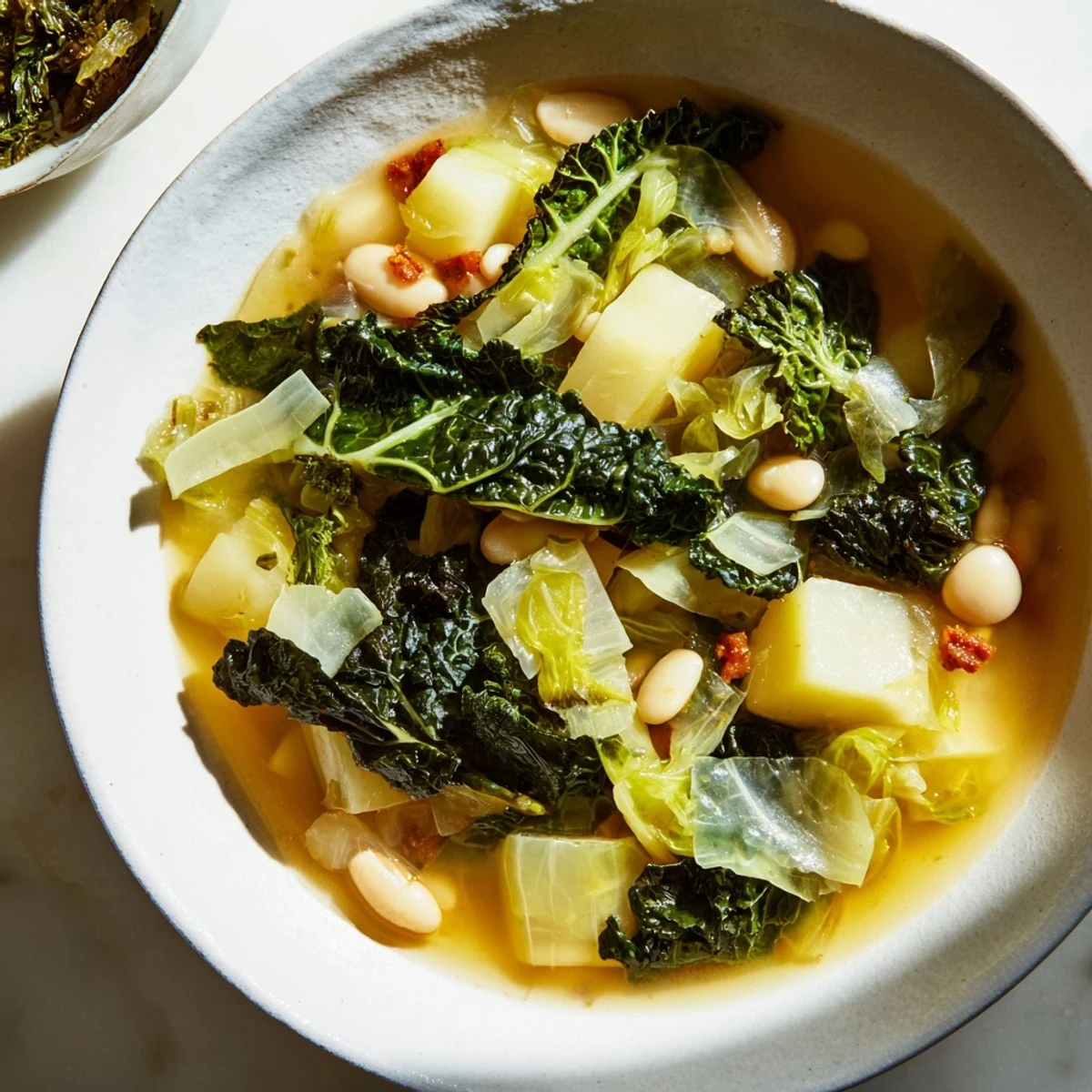 A steaming bowl of Caldo Gallego Moderno, showcasing tender greens and smoky chorizo.