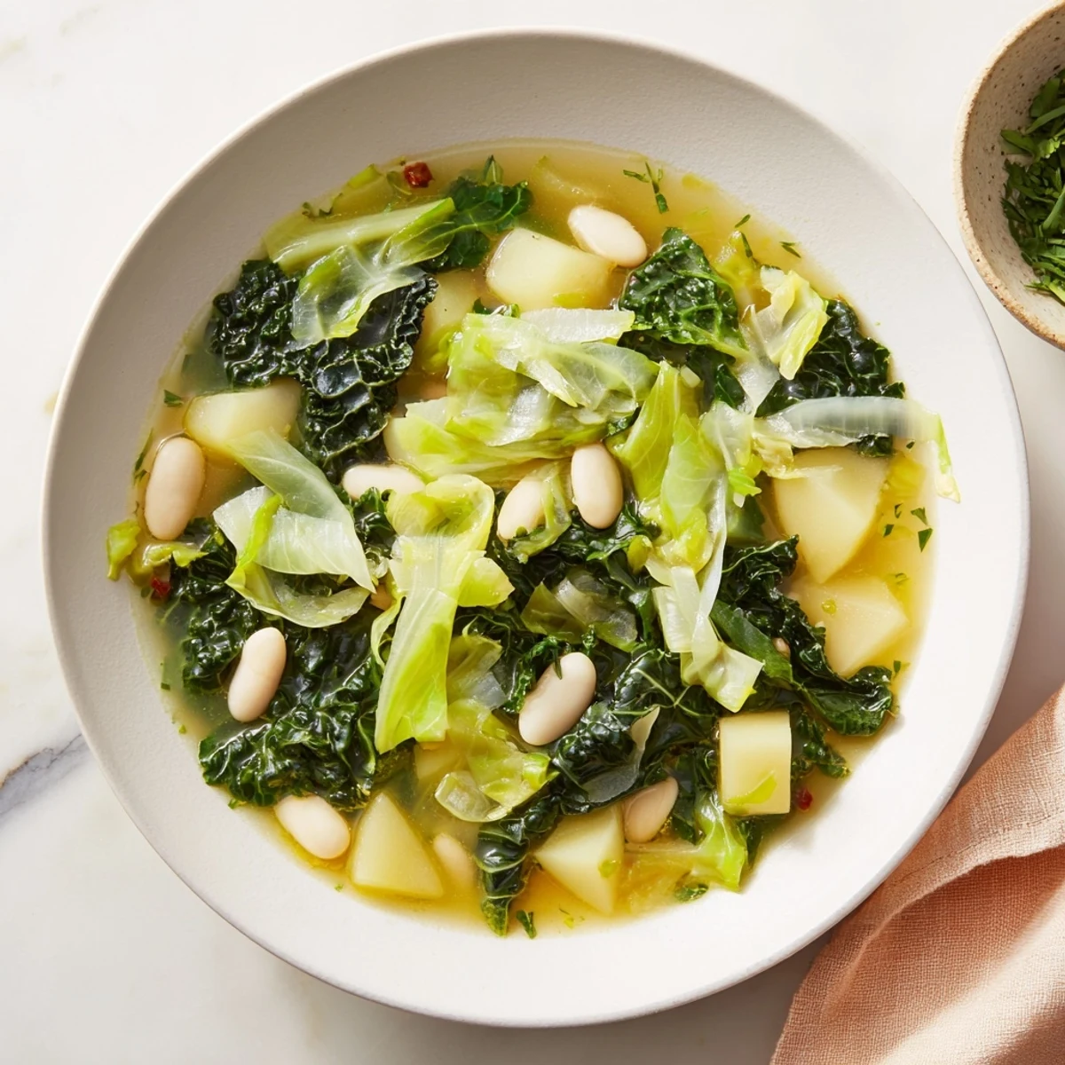 Enjoy the pure flavors of Caldo Gallego Moderno, a Spanish soup with white bowls and simple elegance.