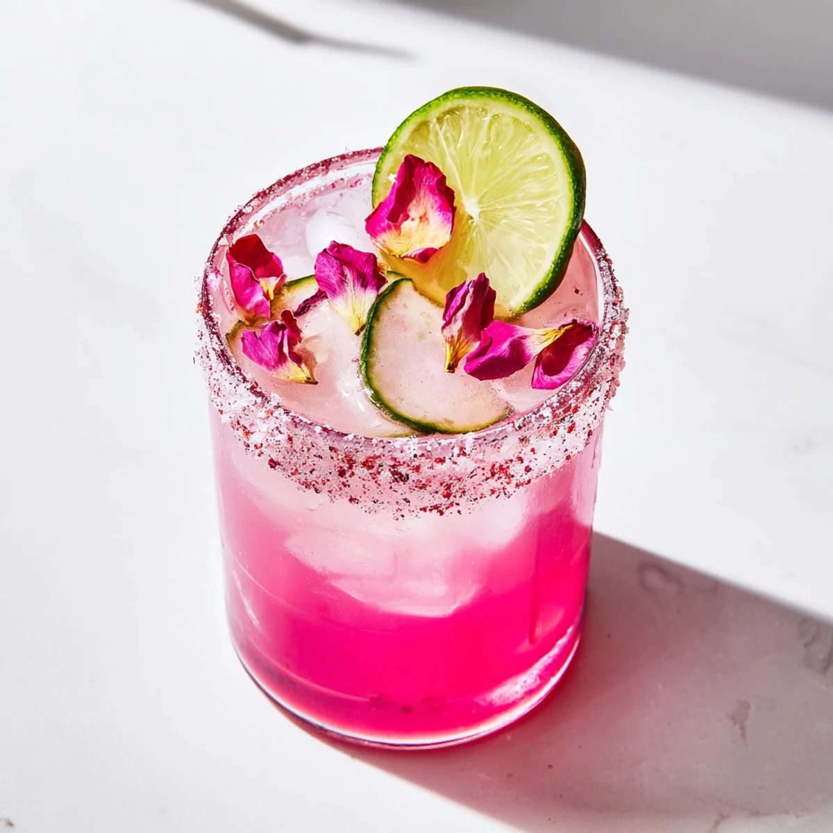 A visually stunning Pink Pickle Margarita cocktail garnished with vibrant edible rose petals.