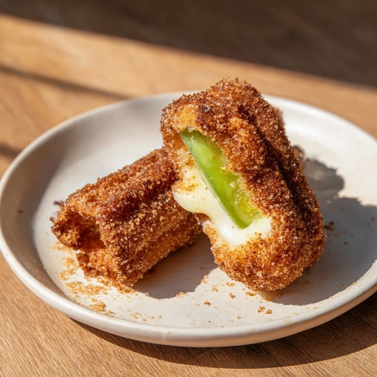 Crispy churro filled with pickle and cheese, showing a perfect, melty cross-section for snacking.