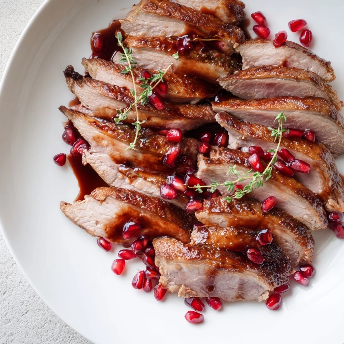Juicy roasted duck breast glistening under a tangy pomegranate reduction, ready to serve.
