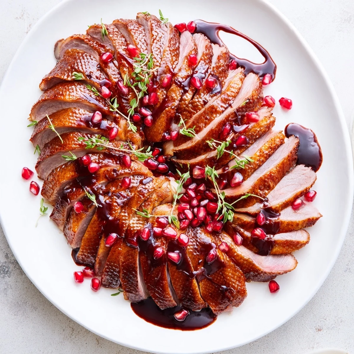 Tender roasted duck breast, cooked to perfection, elegantly drizzled with pomegranate sauce.