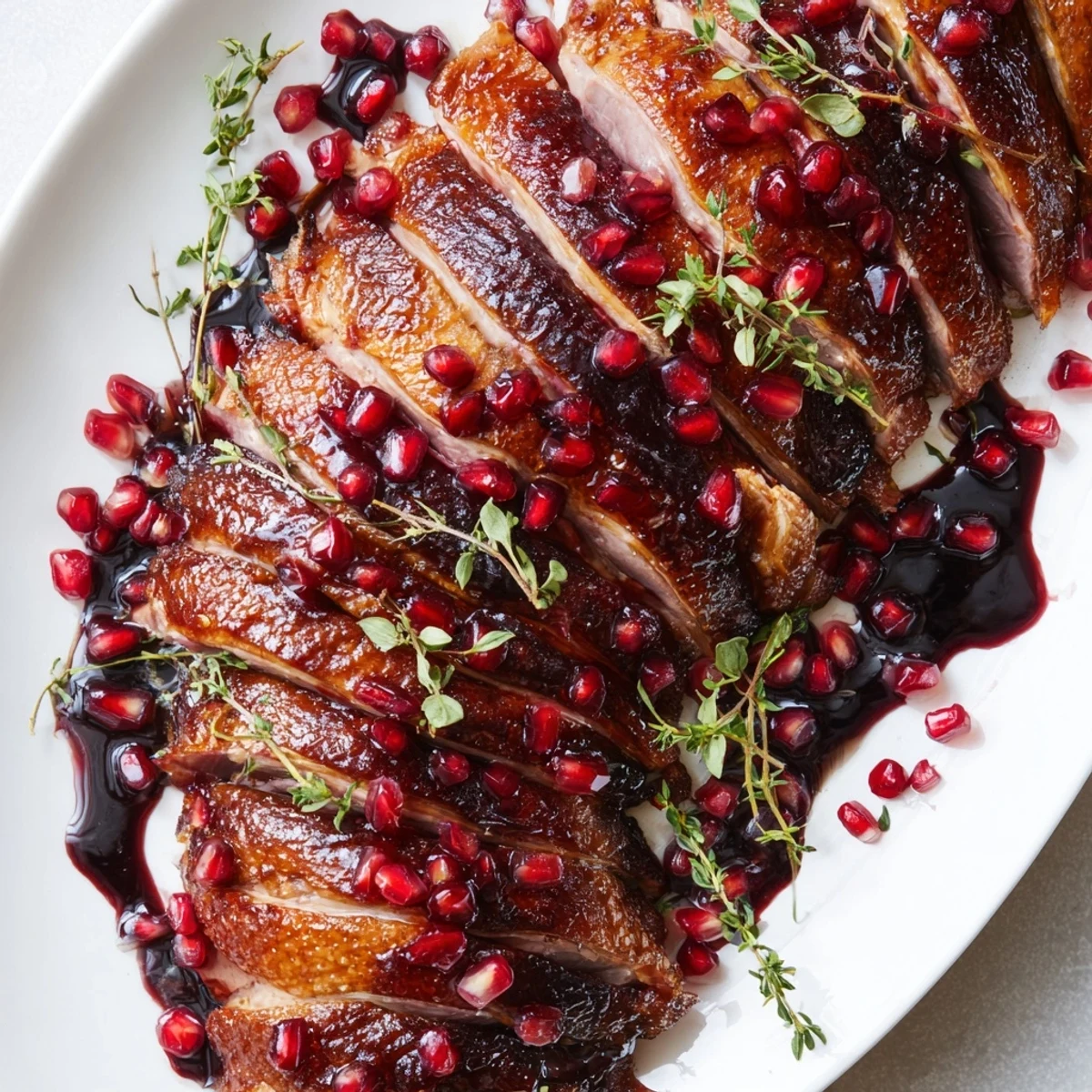 Beautifully plated roasted duck breast with vibrant pomegranate sauce and fresh thyme garnish.