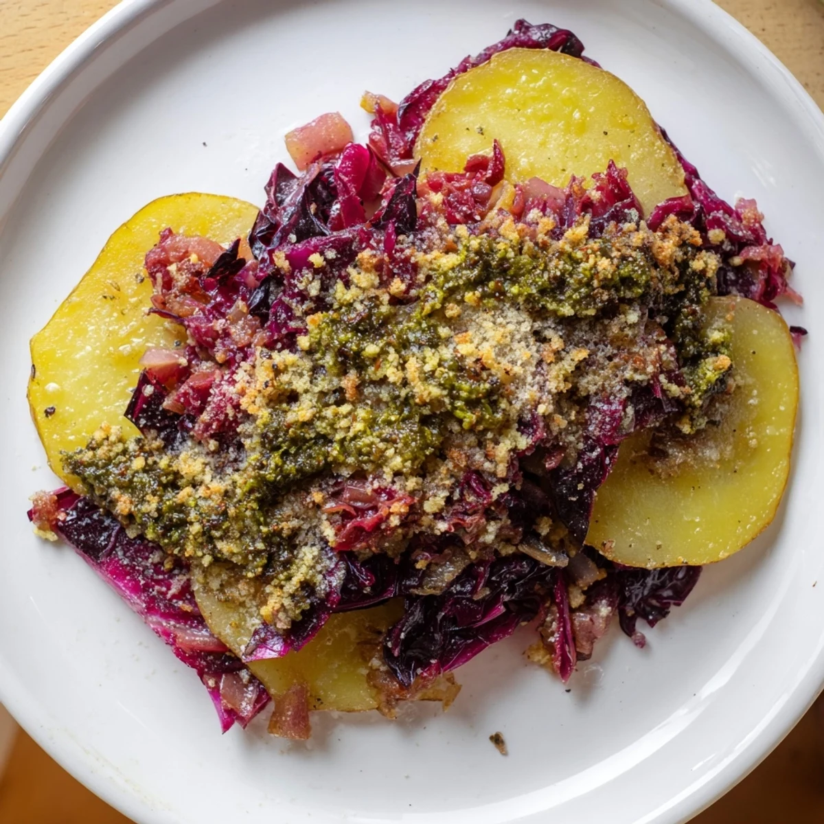 A bubbling Spiced Red Cabbage Bake, with a golden breadcrumb topping, is ready to serve.