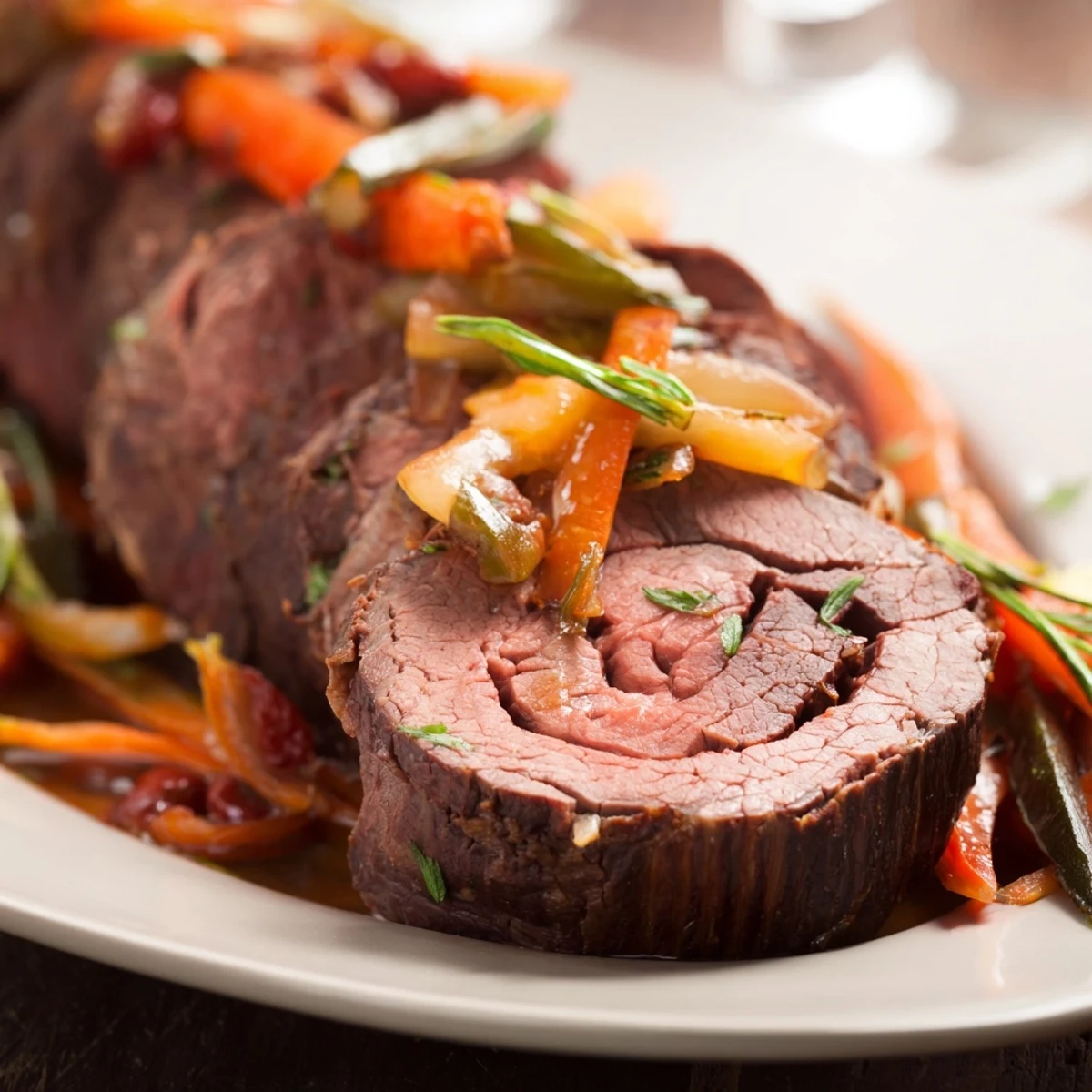 Tender, juicy Braised Beef Roulades glistening with flavorful goji berry gravy, a hearty meal.