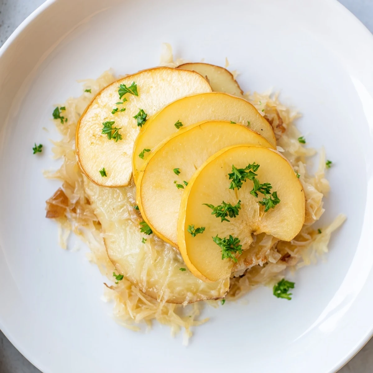 Golden, bubbly Sauerkraut Casserole with maple-glazed apples, a comforting vegetarian main course.